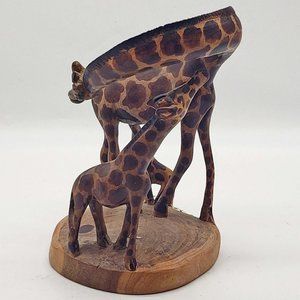 Hand carved painted wood giraffe mom & babies figurine